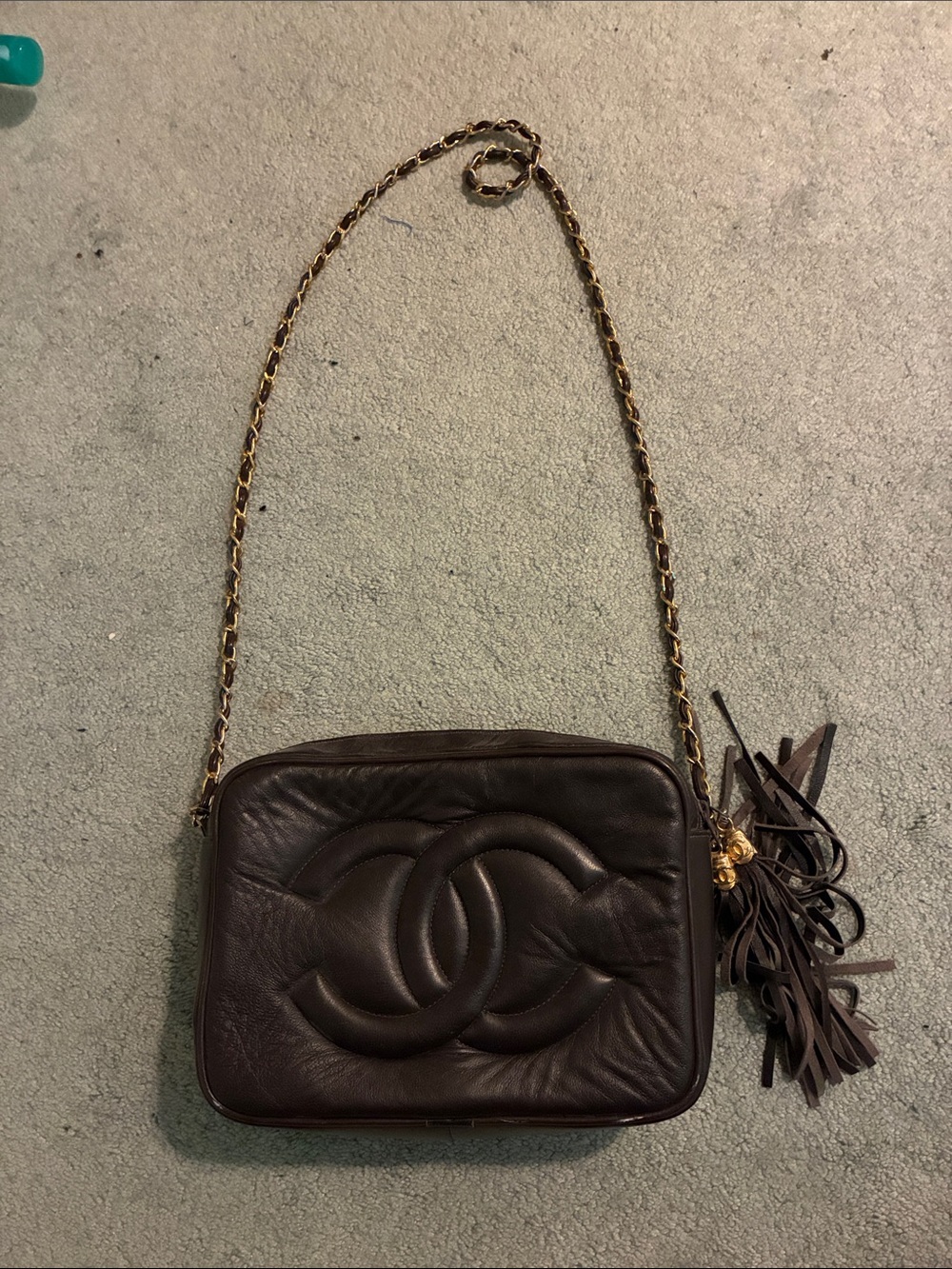 CHANEL Brown Quilted Lambskin Camera Crossbody with Tassel